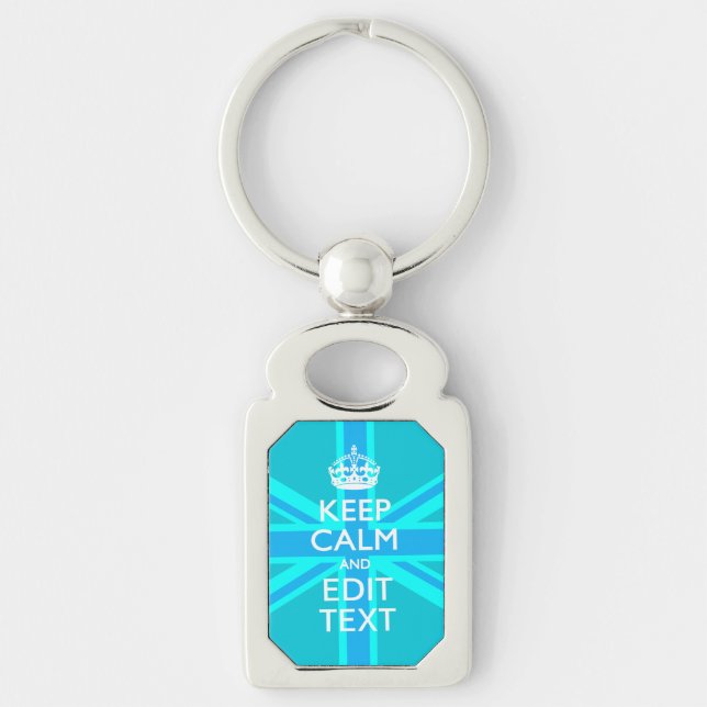 Vibrant Blue Aqua Keep Calm Your Text Union Jack Keychain (Front)