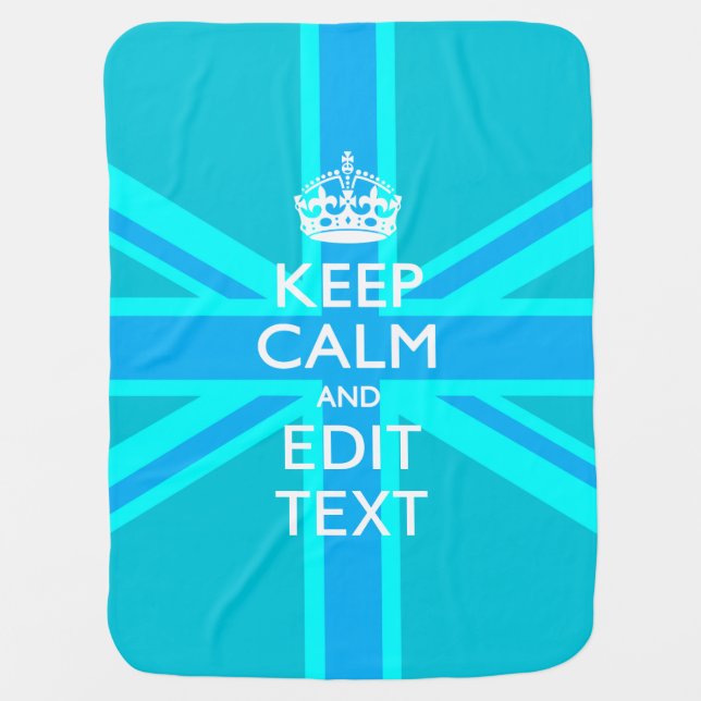 Vibrant Blue Aqua Keep Calm Your Text Union Jack Swaddle Blanket (Front)