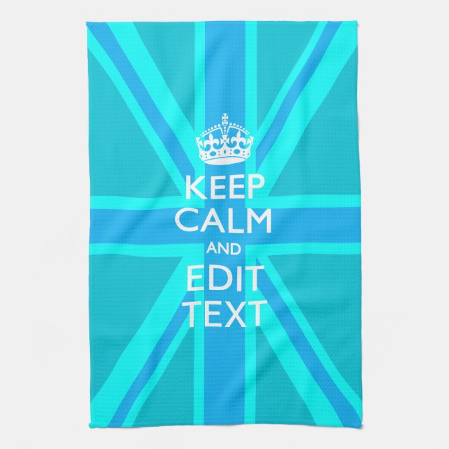 Vibrant Blue Aqua Keep Calm Your Text Union Jack Towel (Vertical)