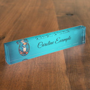 Vibrant blue bird in a cartoon style desk name plate