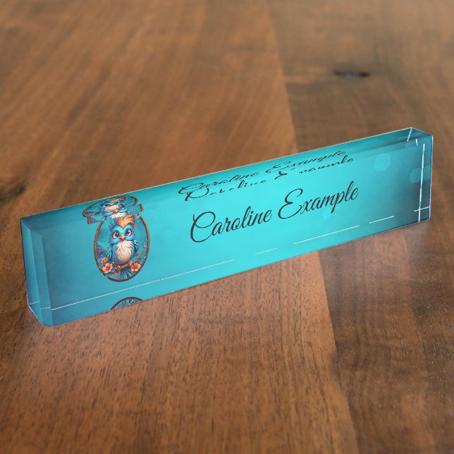 Vibrant blue bird in a cartoon style desk name plate (Side)