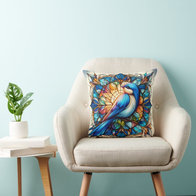Vibrant Blue Bird Perched on Flower Throw Pillow (Chair)