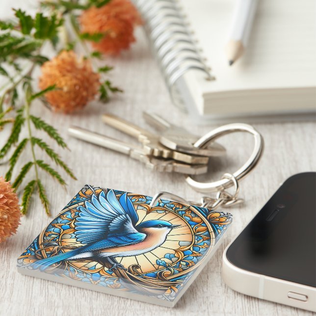 Vibrant Blue Bird Perched on Stained Glass Keychain (Front Right)
