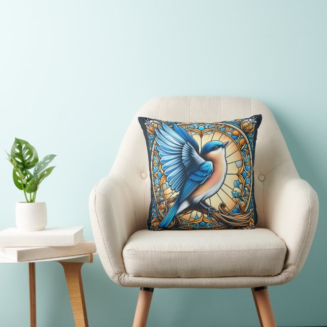 Vibrant Blue Bird Perched on Stained Glass Throw Pillow (Chair)