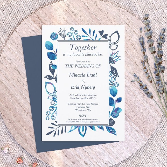 Vibrant Blue & Blue-Gray Floral Pattern Invitation (blue-gray slate blue wedding invitation template)