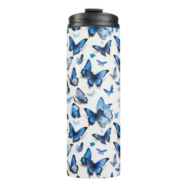Vibrant blue butterflies thermal tumbler (Front)