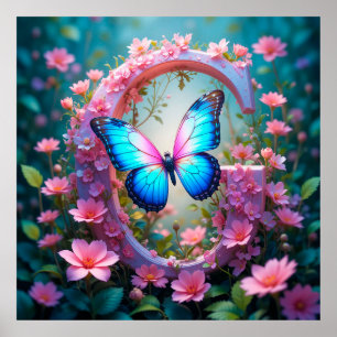 Vibrant Blue Butterfly on Floral Decorated Letter Poster