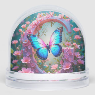 Vibrant Blue Butterfly on Floral Decorated Letter Snow Globe