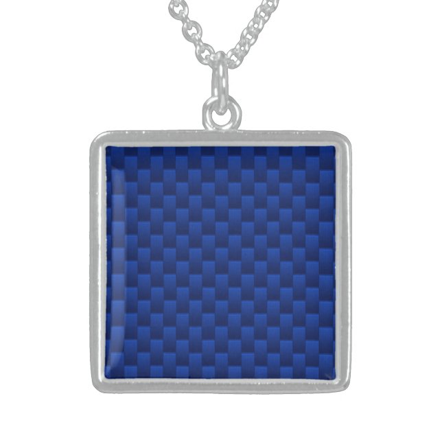 Vibrant Blue Carbon Fiber Like Print Background Sterling Silver Necklace (Front)