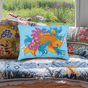 Vibrant Blue Cherry Blossoms Koi Fish Lotus     Accent Pillow