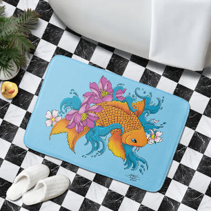 Vibrant Blue Cherry Blossoms Koi Fish Lotus Bath Mat