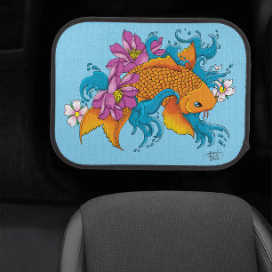 Vibrant Blue Cherry Blossoms Koi Fish Lotus Car Floor Mat