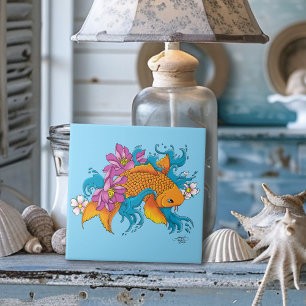 Vibrant Blue Cherry Blossoms Koi Fish Lotus Ceramic Tile
