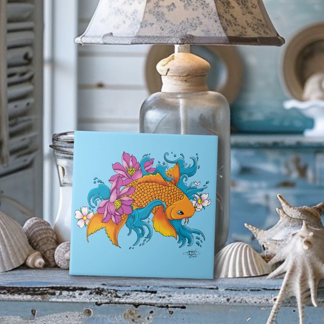 Vibrant Blue Cherry Blossoms Koi Fish Lotus     Ceramic Tile (Creator Uploaded)