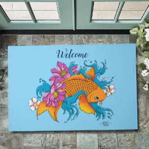 Vibrant Blue Cherry Blossoms Koi Fish Lotus     Doormat