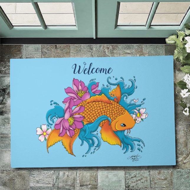 Vibrant Blue Cherry Blossoms Koi Fish Lotus     Doormat (Creator Uploaded)