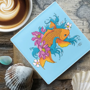 Vibrant Blue Cherry Blossoms Koi Fish Lotus Glass Coaster