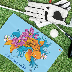 Vibrant Blue Cherry Blossoms Koi Fish Lotus     Golf Towel