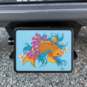 Vibrant Blue Cherry Blossoms Koi Fish Lotus Hitch Cover