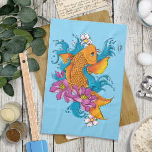 Vibrant Blue Cherry Blossoms Koi Fish Lotus     Kitchen Towel