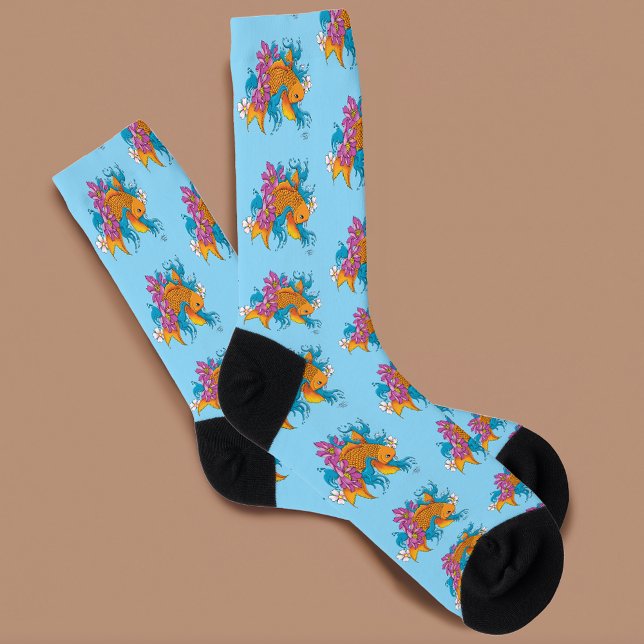 Vibrant Blue Cherry Blossoms Koi Fish Lotus     Socks (Creator Uploaded)