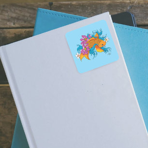 Vibrant Blue Cherry Blossoms Koi Fish Lotus     Square Sticker