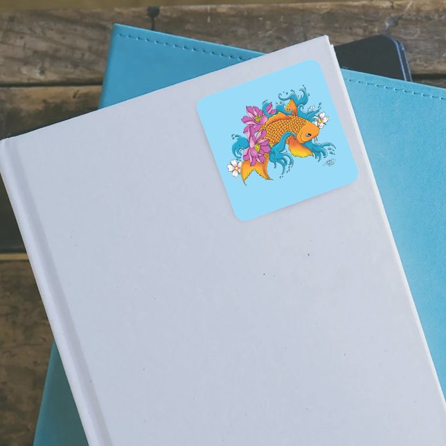 Vibrant Blue Cherry Blossoms Koi Fish Lotus     Square Sticker (Creator Uploaded)