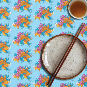 Vibrant Blue Cherry Blossoms Koi Fish Lotus Tablecloth