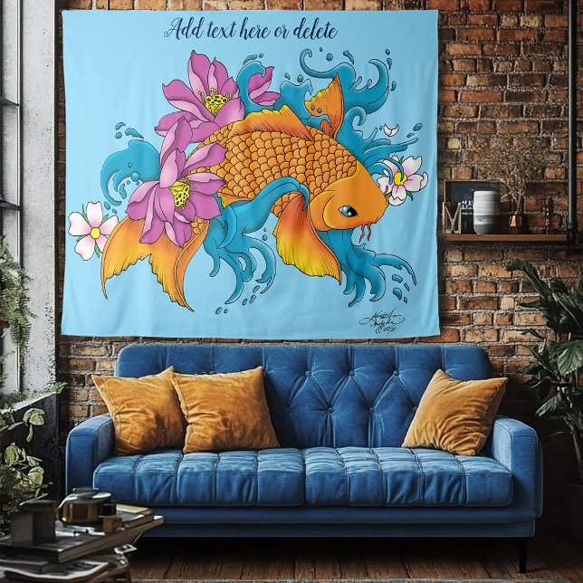 Vibrant Blue Cherry Blossoms Koi Fish Lotus     Tapestry (Creator Uploaded)
