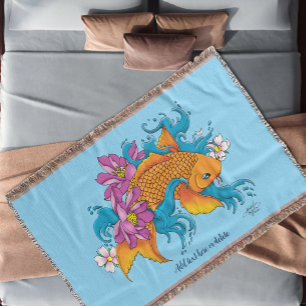 Vibrant Blue Cherry Blossoms Koi Fish Lotus Throw Blanket