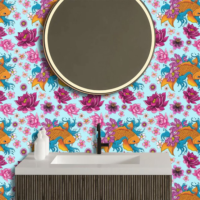 Vibrant Blue Cherry Blossoms Koi Fish Lotus     Wallpaper (Creator Uploaded)