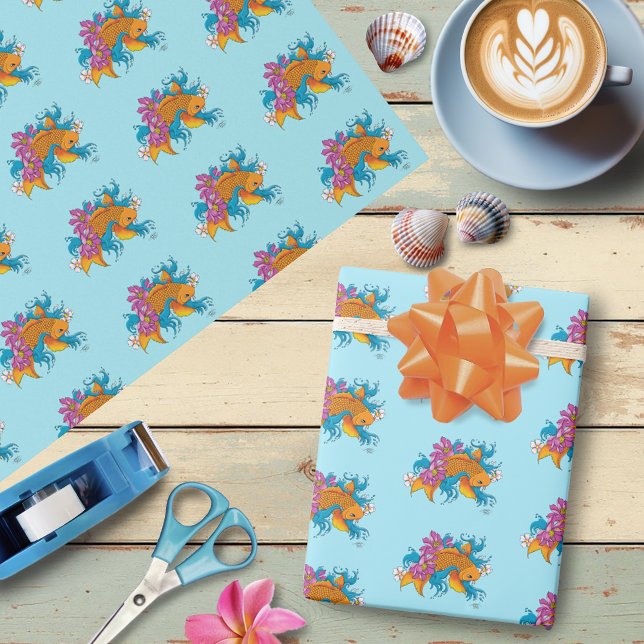 Vibrant Blue Cherry Blossoms Koi Fish Lotus     Wrapping Paper (Creator Uploaded)