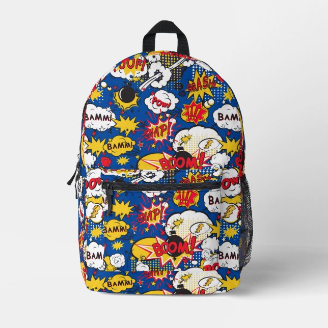 Vibrant Blue Comic Book Inspired Printed Backpack (Front)