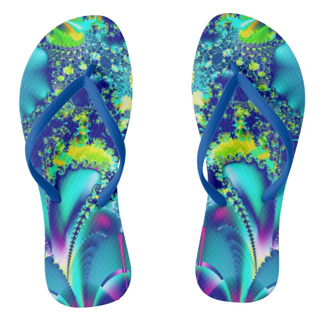 Vibrant Blue Cyan Green Fractal Flip Flops (Footbed)