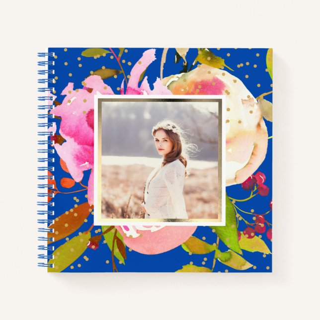 Vibrant Blue Floral and Confetti Photo Notebook (Front)