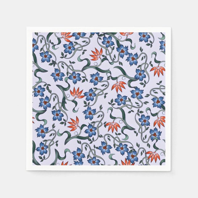  Vibrant Blue Floral Patterns with Green Vines Napkins (Front)