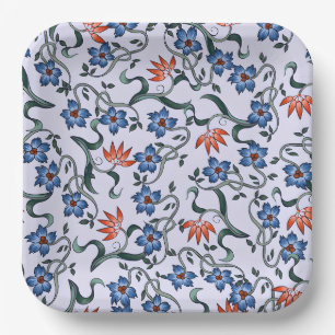 Vibrant Blue Floral Patterns with Green Vines Paper Plates
