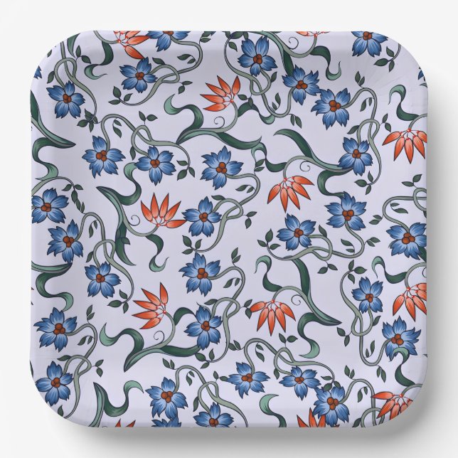  Vibrant Blue Floral Patterns with Green Vines Paper Plates (Front)