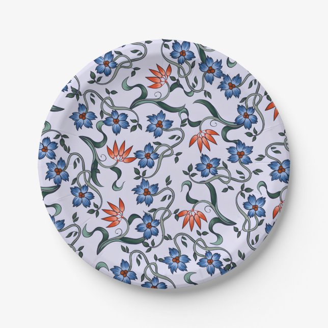  Vibrant Blue Floral Patterns with Green Vines Paper Plates (Front)