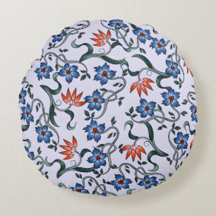 Vibrant Blue Floral Patterns with Green Vines Round Pillow