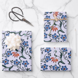 Vibrant Blue Floral Patterns with Green Vines Wrapping Paper Sheets