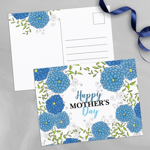 Vibrant Blue Flowers and Green Leaves Mothers Day Postcard