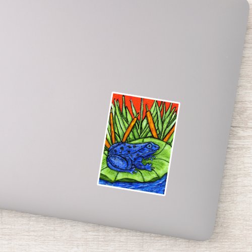 Vibrant Blue Frog Black Spots Lily Pad Grass Reeds Sticker
