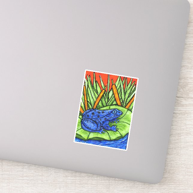 Vibrant Blue Frog Black Spots Lily Pad Grass Reeds Sticker (Detail)