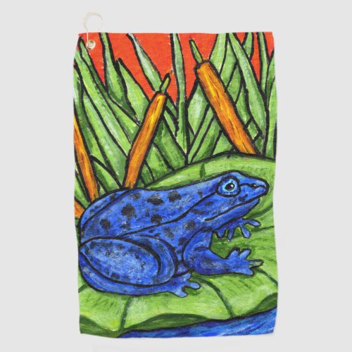 Vibrant Blue Frog Black Spots Lily Pad Reeds Golf Towel