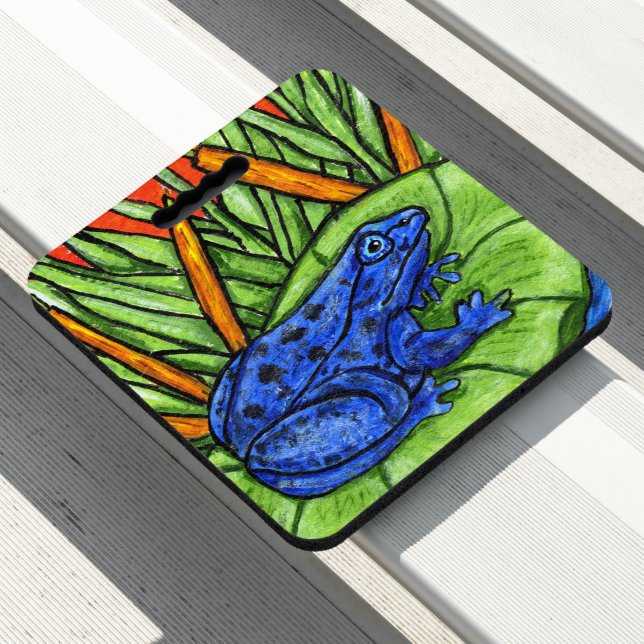 Vibrant Blue Frog on Green Lily Pad in Water Reeds (In Situ)