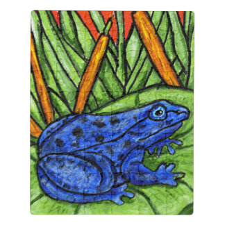 Vibrant Blue Frog on Lily Pad Yellow reeds Grass Jigsaw Puzzle