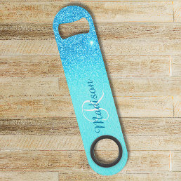 Vibrant Blue Glitter Ombre Monogram Stylish Bar Key