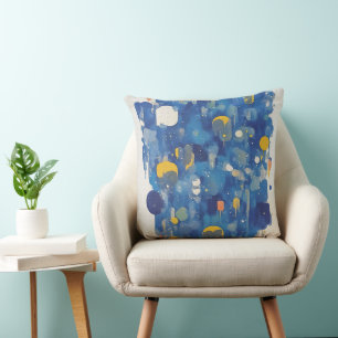Vibrant Blue Gold Abstract Geometric Drip Throw Pillow