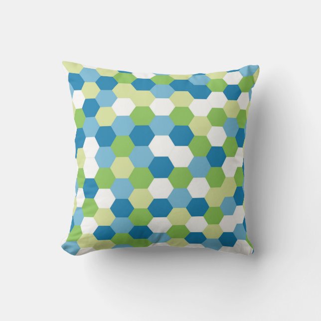  “Vibrant Blue & Green Hexagon Mosaic*Throw Pillow (Front)